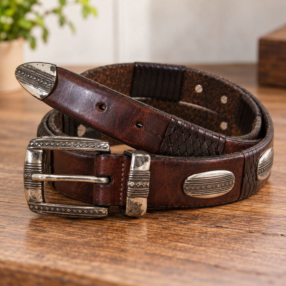 Vintage Brighton Brown Leather Braided Concho Western Belt Size 34